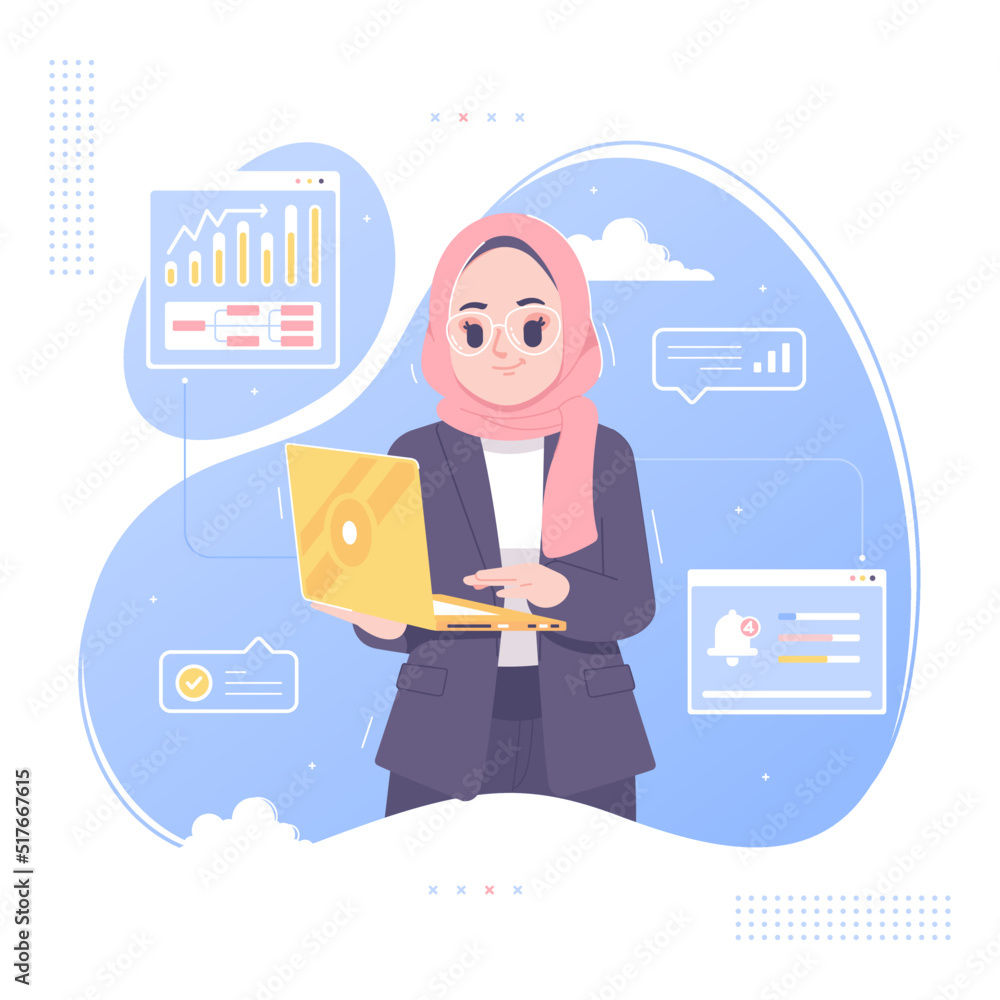 hijab girl working with laptop