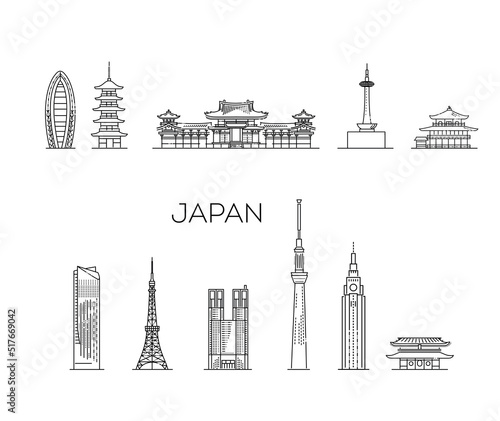 Set of flat icons of Japan landmarks and culture line vector illustration