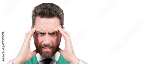 Man face portrait, banner with copy space. suffering businessman isolated on white. stressed guy with moustache having headache.