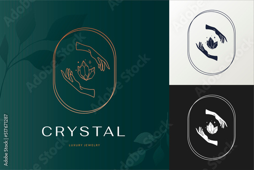 Vector abstract logo design template in trendy linear minimal style - hands and crystal - abstract symbol for cosmetics and packaging, jewellery, hand crafted or beauty products