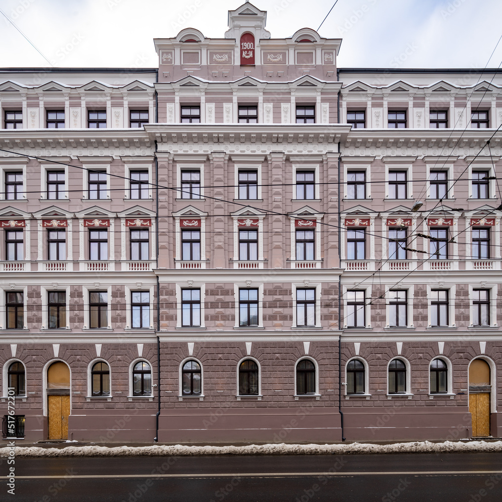 Winter cityscape of Riga. Exterior of modern residential building.