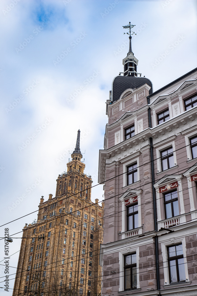 Winter cityscape of Riga. Modern architecture. Latvian Academy of Sciences