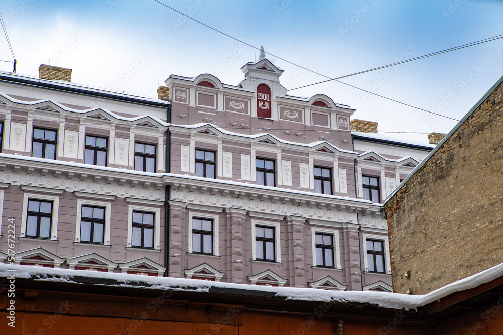 Winter cityscape of Riga. Exterior of modern residential building.