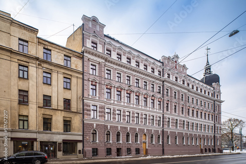 Winter cityscape of Riga. Exterior of modern residential building.