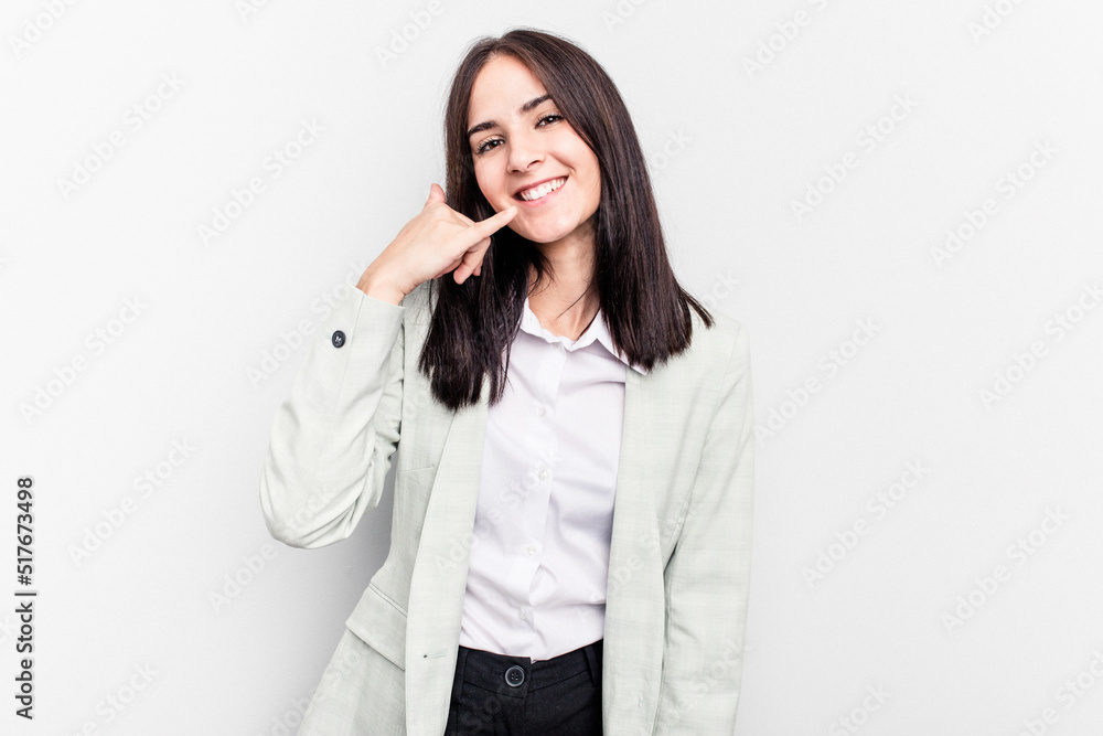 Young business caucasian woman isolated on white background showing a mobile phone call gesture with fingers. Young business caucasian woman isolated on white background showing a mobile phone call gesture with fingers.
