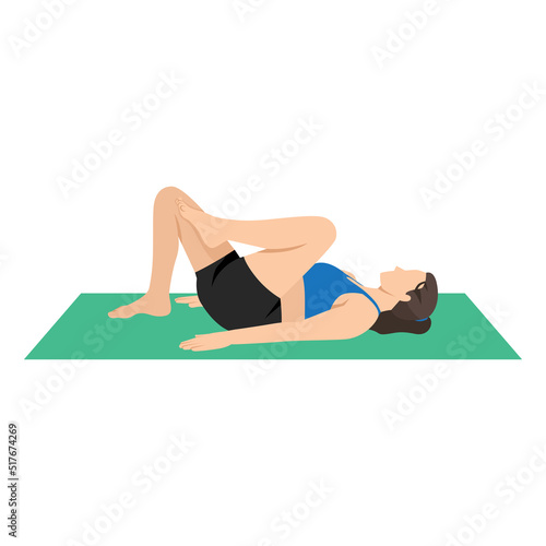Womand doing Etirement ischios 1 or hamstring stretch exercise. Flat vector illustration isolated on white background