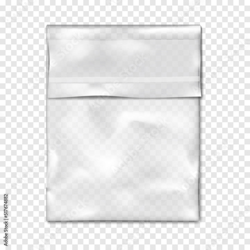 Clear self sealing plastic bag with adhesive flap closure on transparent background realistic vector mock-up. Empty cello bag mockup