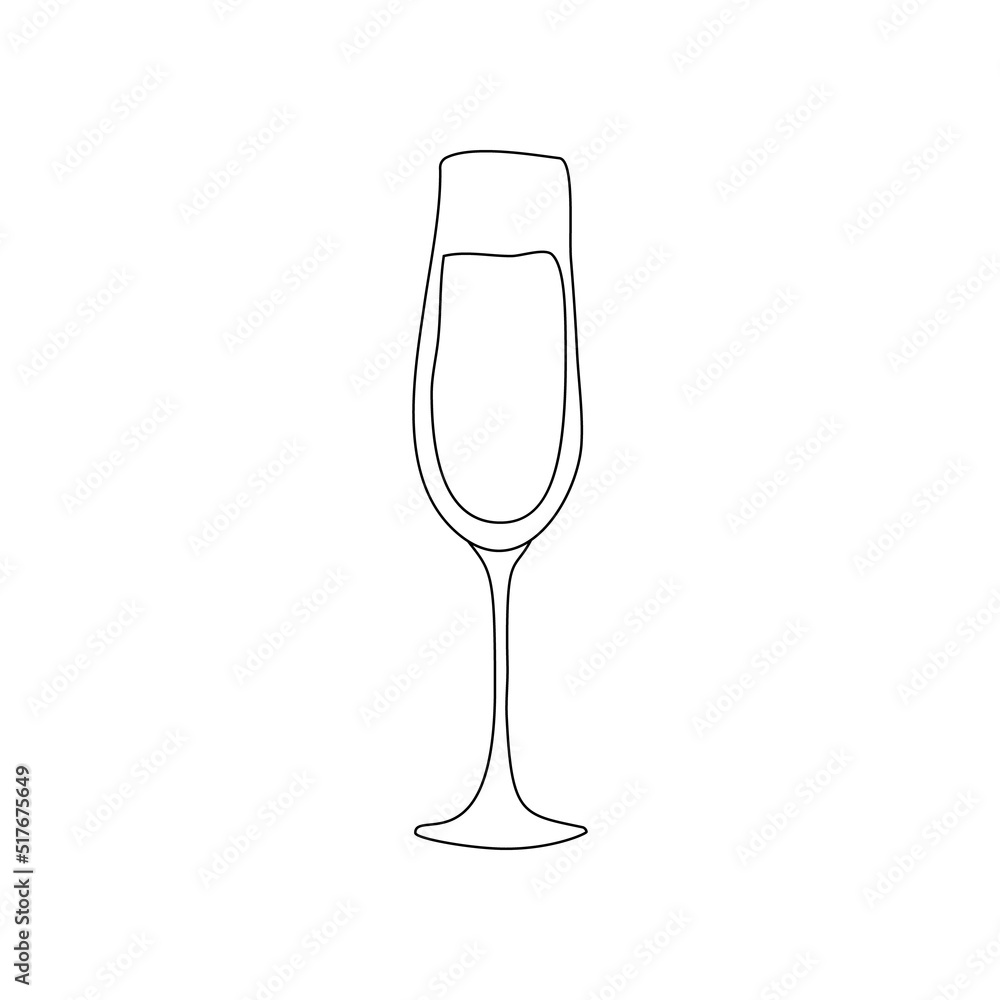 Champagne glass. Hand drawn line cartoon illustration. Romantic alcoholic drink. Doodle outline art graphic design. Beverage for restaurants, cafes and pubs. Freehand drawing style Champagne glass. Hand drawn line cartoon illustration. Romantic alcoholic drink. Doodle outline art graphic design. Beverage for restaurants, cafes and pubs. Freehand drawing style