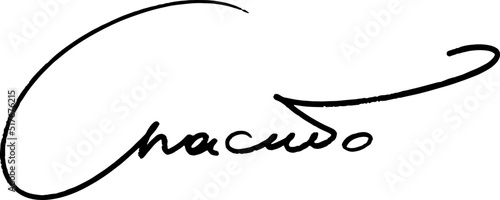Russian word Spasibo. Written in a free hand. The handwriting is black on white. Vector illustration of gratitude isolated.