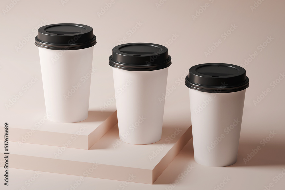 Three coffee cups on steps mockup. 3D rendering Three coffee cups on steps mockup. 3D rendering