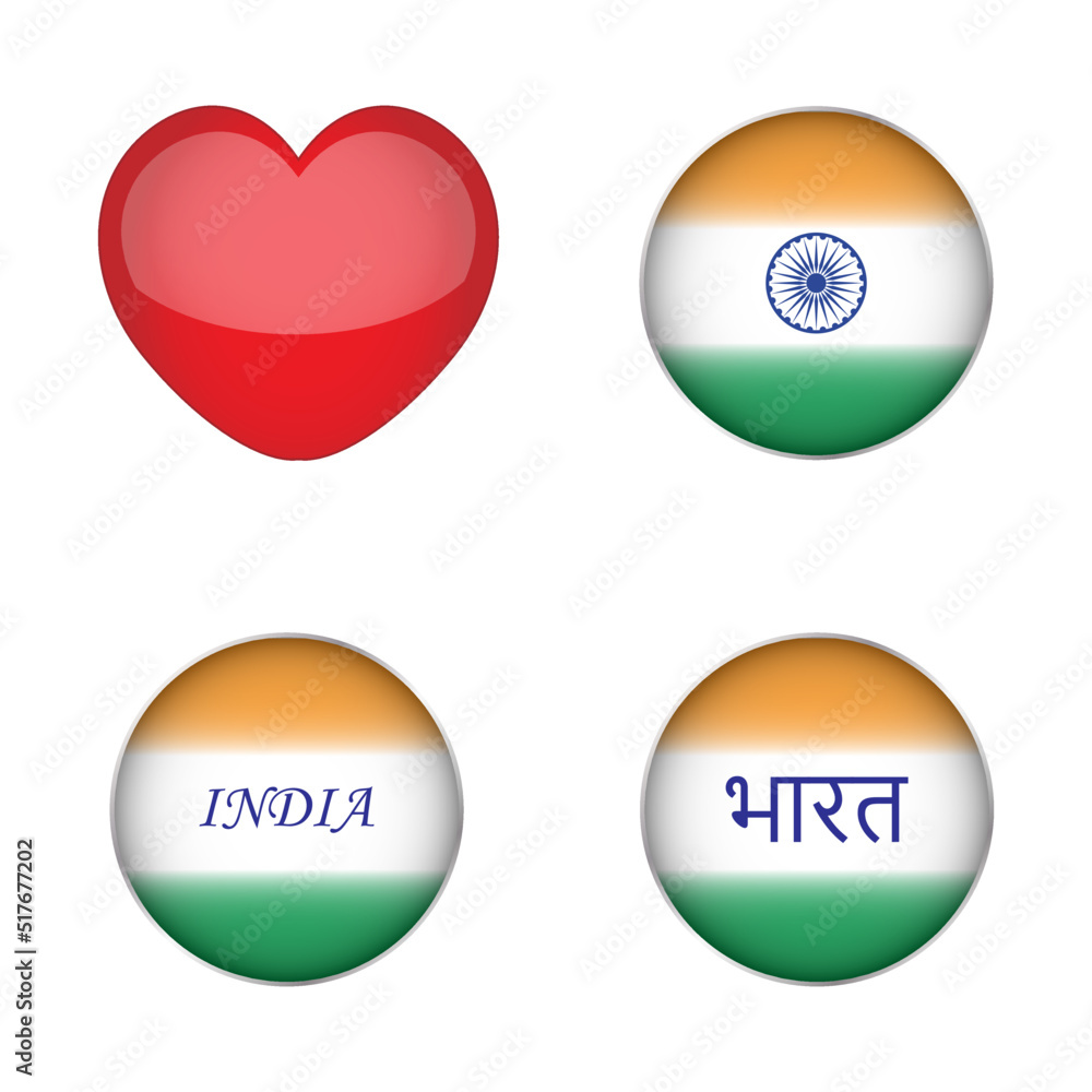 Set of India Flag Glossy round Buttons with word 