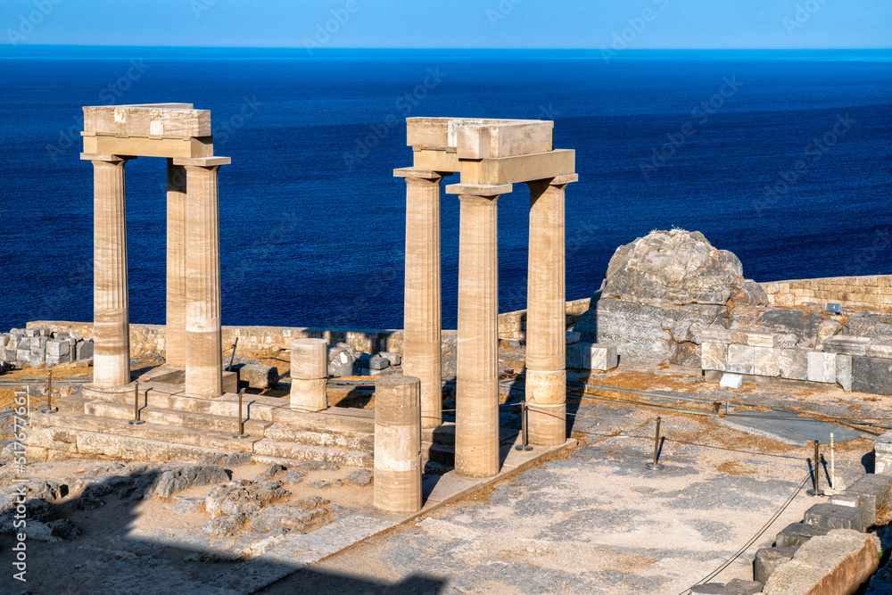 Historic doric pillars in Lindos Acropolis with in Rhodes island in Greece