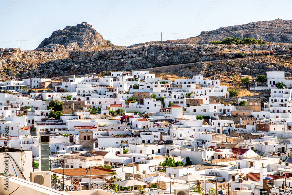 Traditional white buildings at town Lindos in Rhodes island, Greece