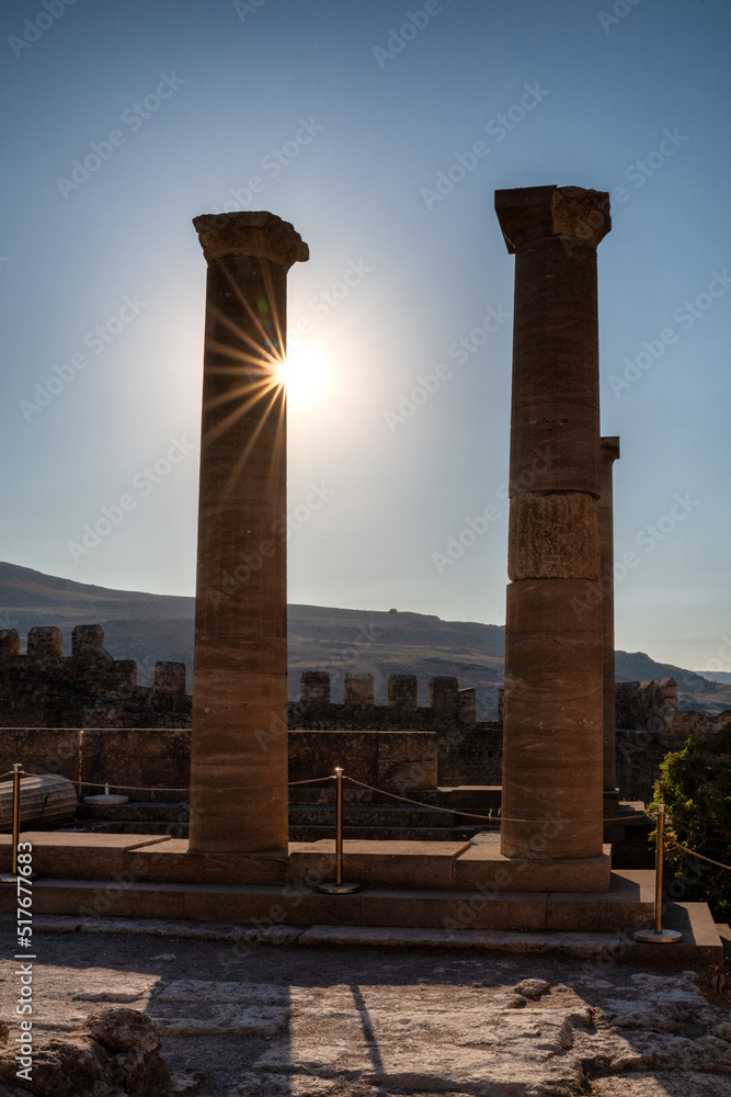Doric columns in Lindos acropolius in Rhodes island in Greece