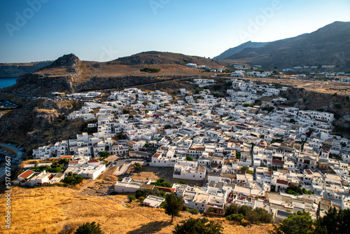 Traditional greek white buildings in town Lindos at Rhodes island in Greece