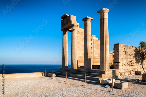 Doric columns of temple of Athena Lindia in Lindos acropolis in Rhodes island in Greece