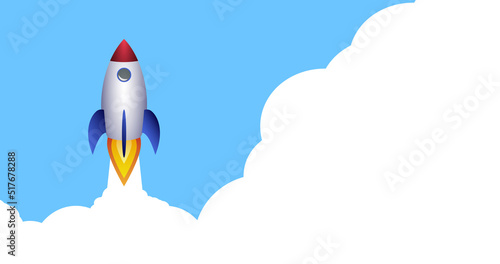 launching space rocket against blue sky with copy space in clouds, vector illustration