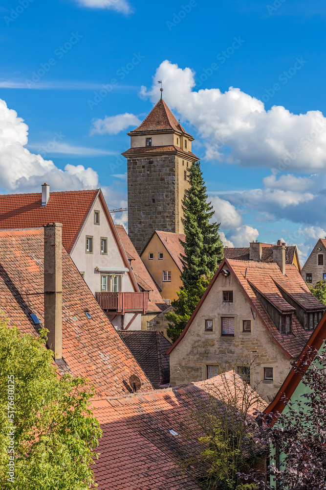 Rothenburg ob der Tauber, Germany. Beautiful view of the old city with a medieval fortress tower