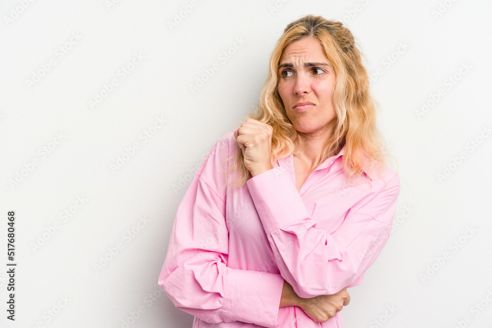 Young caucasian woman isolated on white background confused, feels doubtful and unsure. Young caucasian woman isolated on white background confused, feels doubtful and unsure.