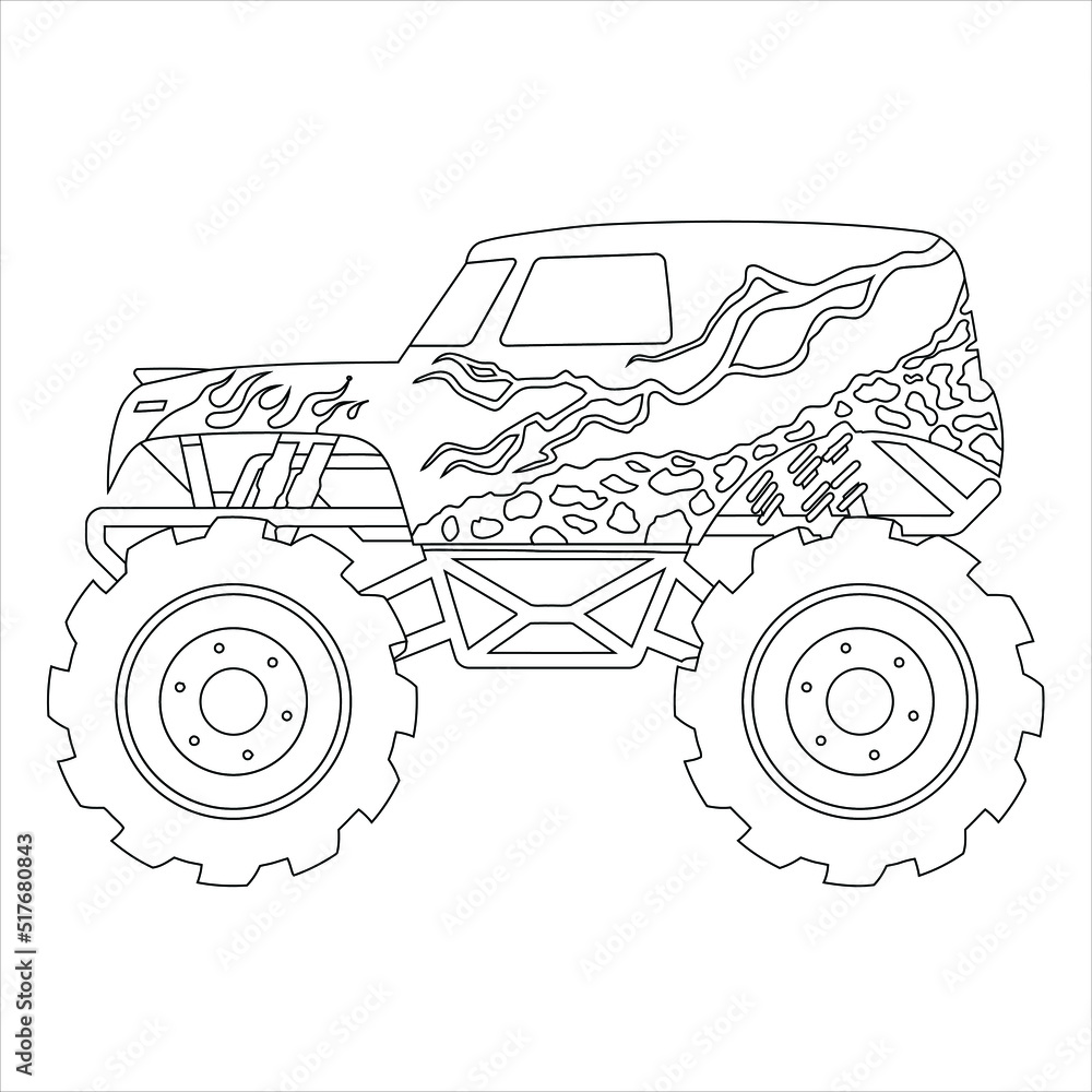 Monster Truck Competition Crush Coloring Page Black · Creative Fabrica