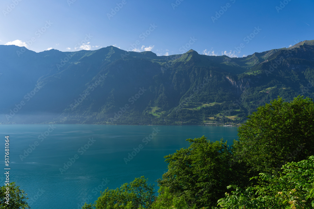 View of Lake Brienz in the Bernese Oberland in Switzerland, from Giessbach Falls.