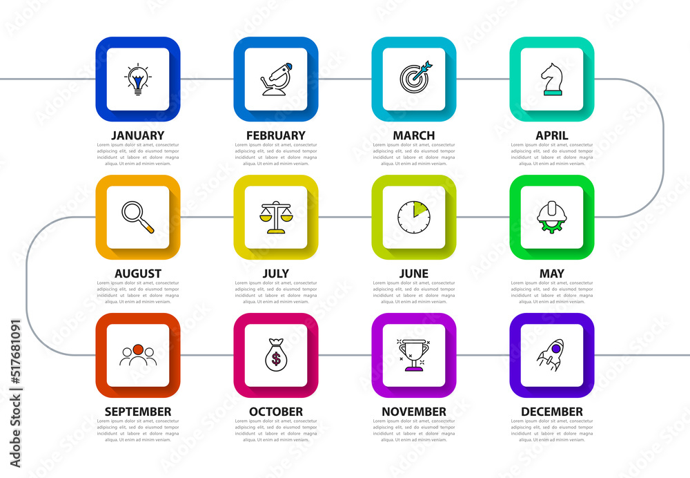 Infographic template. Timeline with a 12-step monthly calendar Infographic template. Timeline with a 12-step monthly calendar