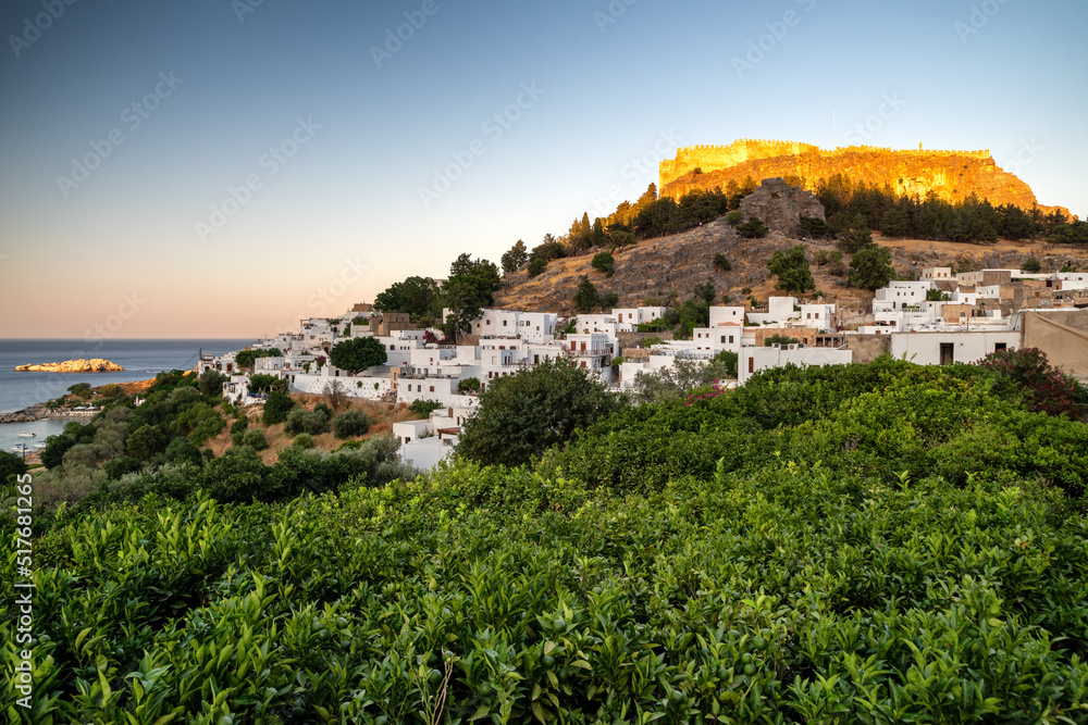 Lindos acropolis above old town in Rhodes island in Greece