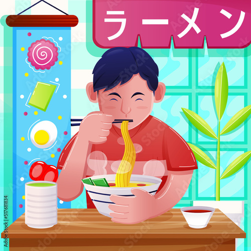 This kid really likes ramen and immediately eats it at the Japanese restaurant
