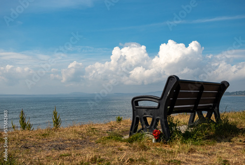 Outdoor bench overlooking the Firth of Tay near Monifieth in the county of Angus, Scotland
