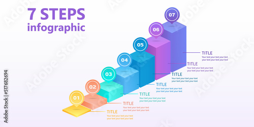 Business infographics in the form of a ladder of seven parallelepipeds. 7-step diagram. 3 D. Vector illustration.