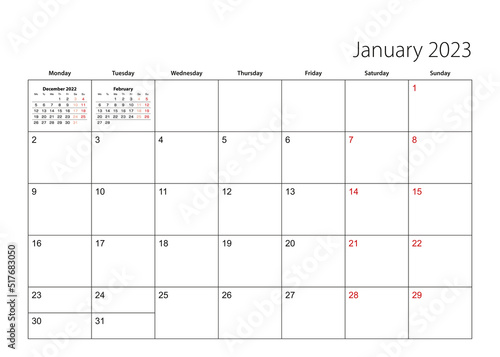 January 2023 simple calendar planner, week starts from Monday.