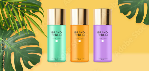 Realistic serum lotion bottle, cosmetics bottle set collection, tropical background, gold design package, cosmetics set packaging mockup, 3d summer tropical scene 
