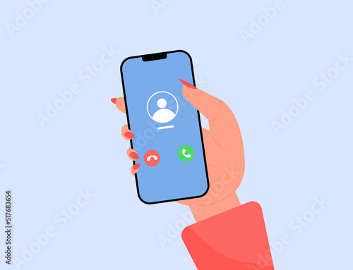 Cartoon female hand holding phone with incoming call on display flat vector illustration. Mobile user interface. Accept button, Reject button. iPhone iOS call screen. Smartphone, Phone call screen