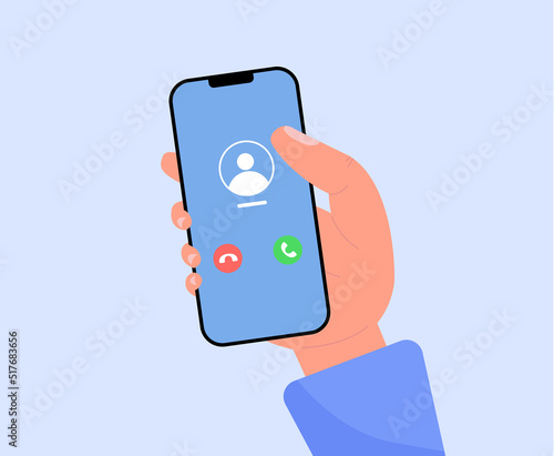 Cartoon male hand holding phone with incoming call on display flat vector illustration. Mobile user interface. Accept button, Reject button. iPhone iOS call screen. Smartphone, Phone call screen