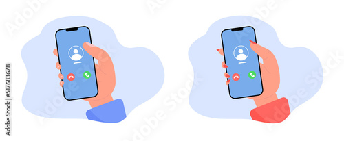 Cartoon hand holding phone with incoming call on display flat vector illustration. Mobile user interface. Accept button, Reject button. iPhone iOS call screen. Smartphone, Phone call screen set