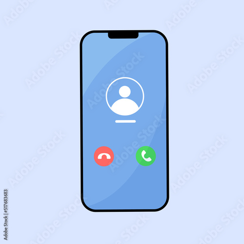 Cartoon phone with incoming call on display flat vector illustration. Mobile user interface. Accept button, Reject button. iPhone iOS call screen. Smartphone, Phone call screen mockup isolated