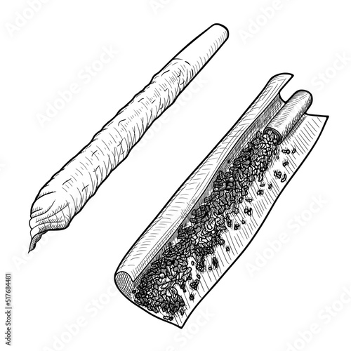 Marijuana roll. Handmade cigarette with cannabis. Sketch by hand on the topic of smoking marijuana. joint or spliff.