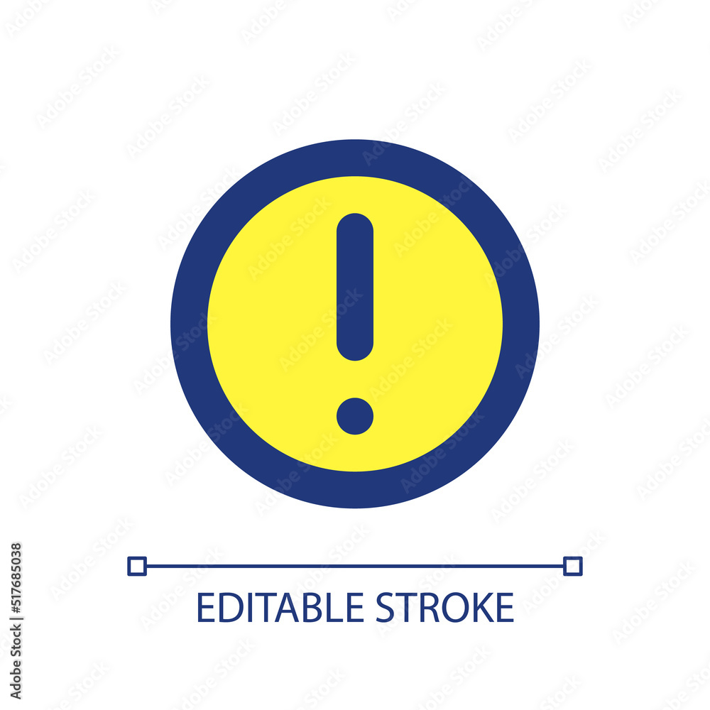 Circular shaped exclamation mark pixel perfect RGB color ui icon. Notification. Simple filled line element. GUI, UX design for mobile app. Vector isolated pictogram. Editable stroke. Arial font used Circular shaped exclamation mark pixel perfect RGB color ui icon. Notification. Simple filled line element. GUI, UX design for mobile app. Vector isolated pictogram. Editable stroke. Arial font used