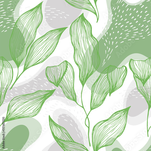 Sketch style doodle line texture leaves over stains and dots seamless vector ...