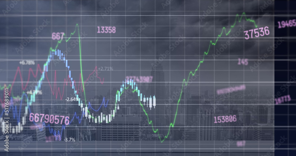 Image of financial data processing over cityscape Image of financial data processing over cityscape