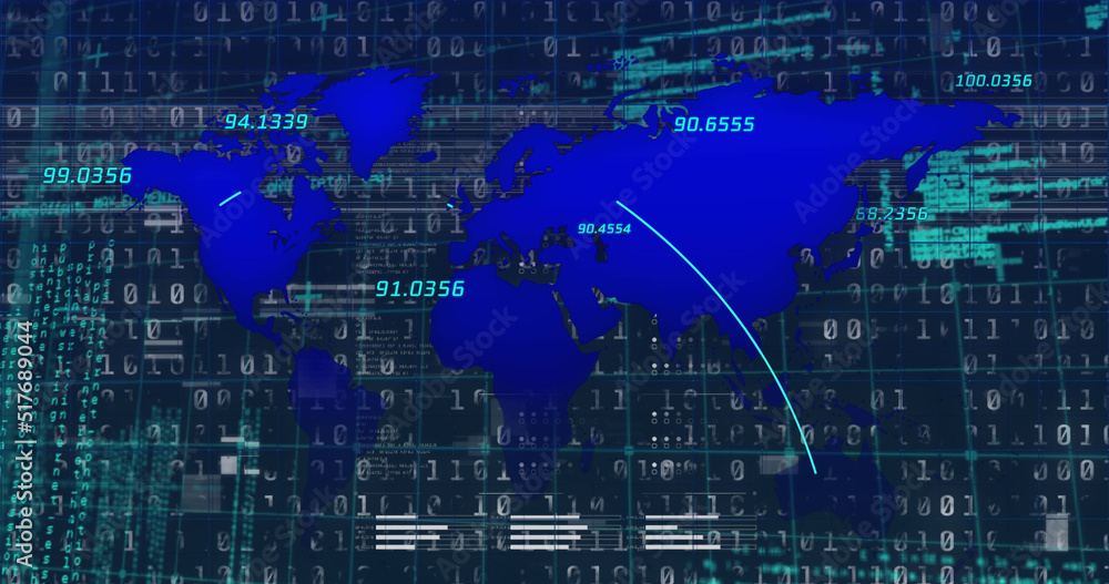 Obraz premium Image of interference over world map and data processing on black background