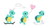 Cute turquoise turtle baby animals set. Tortoise reptilian animal character riding skateboard, walking with balloon, standing in water cartoon vector illustration