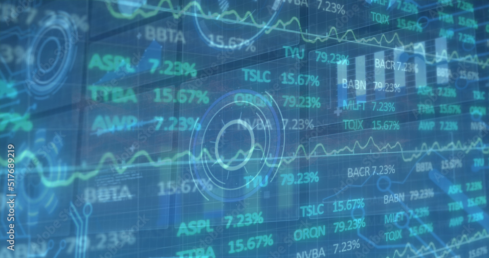 Image of stock market over scope scanning on green background cityscape Image of stock market over scope scanning on green background cityscape