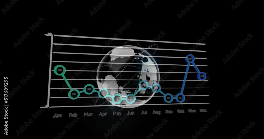 Image of data processing over globe on black background Image of data processing over globe on black background