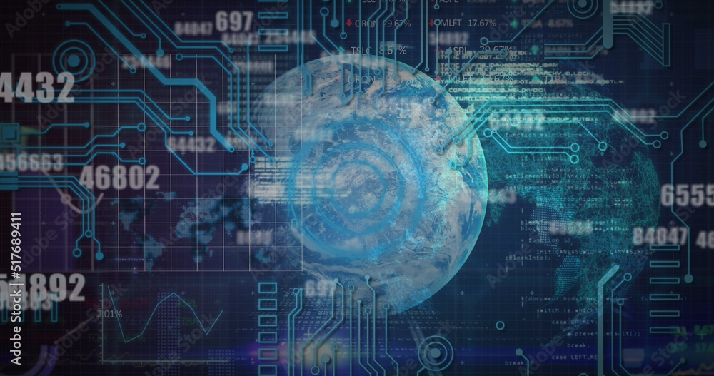 Image of financial data processing over globe and computer circuit board Image of financial data processing over globe and computer circuit board