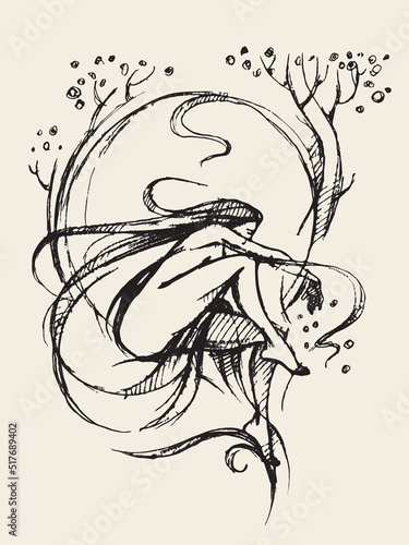 Nymph. Naked Woman. Retro style. Ancient engraving. Female figure. Long hair