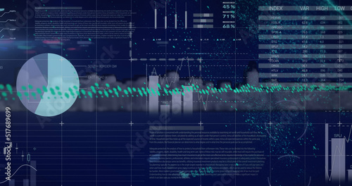 Image of data processing over cityscape on black background