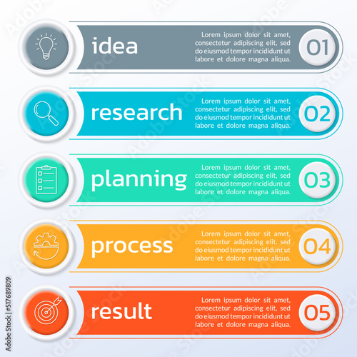 5 number list template. Five step business layout with text banners, numbers and icons. Modern info graphic design. Presentation, chart, brochure concept with 3d elements. Vector illustration.