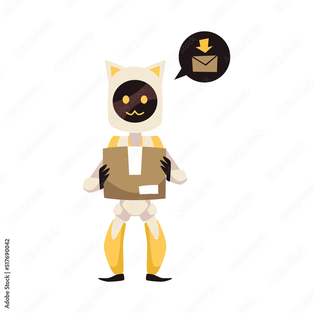 Cute robot courier with cat ears holding paper box, flat vector illustration isolated on white background. Cute robot courier with cat ears holding paper box, flat vector illustration isolated on white background.