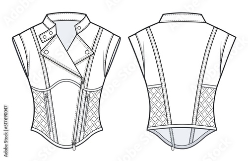 Zip-up Vest fashion flat technical drawing template. Women's leather biker Vest Jacket fashion Cad mockup, corset, zip pockets, cutouts, front and back view, white.